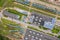 Tram depot in city. industrial background. aerial top view from flying drone