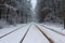 Tram line rails in the snow-covered forest in Kyiv. Ukraine