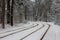 Tram line rails in the snow-covered forest in Kyiv. Ukraine