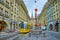 Tram on Marktgasse street in Altstadt district, on March 31 in Bern, Switzerland