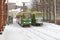 Tram No. 4 in Helsinki in snowfall and blizzard