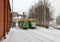 Tram No. 4 in Helsinki in snowfall and blizzard. Finland