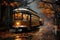 The tram rides along the autumn street of the old city