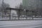 Tram stop in winter in Bucharest, Romania.