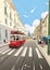 Tram in the street of Lisbon. Portugal. Europe. Hand drawn vector illustration.