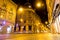 Tram trail in the streets of Zagreb at night in Zagreb, Croatia.