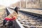 Tramp dog of the dachshund breed, black and tan, dressed in a sweater stands on rails on the railway