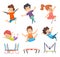 Trampoline kids. Playground childrens active jumping games vector characters in cartoon style