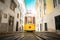 Trams in Lisbon city. Yellow funicular tram in Lisbon old town. Portugal