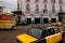 Trams and Taxi outside the Trianon tea room in Alexandria, Egypt,