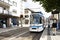 Tramway run and stopping for send and receive passengers at Sandhausen village in Heidelberg, Germany