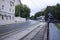 Tramway in Yauzsky boulevard in the center of Moscow. Cloudy summer view.