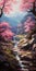 Tranquil Anime-inspired Painting Stream In Pink Blossoms Near Mountaintop