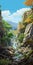 Tranquil Animecore Landscape With Detailed Waterfall And Hills