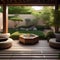 A tranquil Asian-inspired garden with a meditation area and a babbling brook1