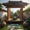 A tranquil Asian-inspired garden with a meditation area and a babbling brook5