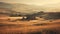 Tranquil autumn dawn on rustic Italian farm, rolling wheat bales generated by AI