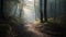 Tranquil autumn forest, mysterious fog, vanishing point, adventure awaits generated by AI