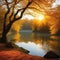 Tranquil autumn sunlight on yellow waters edge reflection generated by