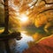 Tranquil autumn sunlight on yellow waters edge reflection generated by