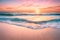 A tranquil beach with gentle waves washing ashore and a pastel-colored sunrise on the horizon.