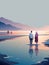 Tranquil Beach Stroll at Sunset: A Couple\\\'s Peaceful Moment