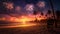 A tranquil beach at sunset with New Year\\\'s fireworks