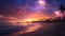 A tranquil beach at sunset with New Year\\\'s fireworks