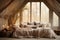 Tranquil bedroom ambiance with soft sunlight and luxurious bedding, hygge concept, AI Generated