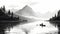 Tranquil Black And White Canoeing Illustration With Mountain Background