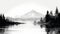 Tranquil Black And White Fishing Illustration With Detailed Mountain Landscape