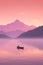 tranquil boat at serene lake at sunset, in style of pink, orange and purple, solitude and calmness concept