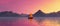 tranquil boat at serene lake at sunset, in style of pink, orange and purple, solitude and calmness concept