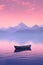 tranquil boat at serene lake at sunset, in style of pink, orange and purple, solitude and calmness concept