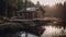 Tranquil boathouse reflects mountain range in serene winter pond