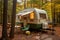 Tranquil camping. cozy trailer nestled in serene woods of picturesque campground