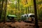 Tranquil camping experience. cozy travel trailer nestled in serene woods of a picturesque campground