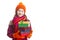 Tranquil Caucasian Little Girl In Orange Beanie, Scarf and Mittens With Pile of Colorful Giftboxes. Isolated Against Pure White