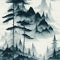 Tranquil Chinese Ink Painting of Mountains and Pine Forest