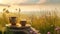 Tranquil countryside scene with ceramic tea set on a wooden tray among wildflowers at sunset Shavuot