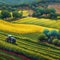 Tranquil Countryside with Self-Driving Electric Tractors .