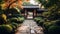 Tranquil courtyard, ancient pavilion, yellow lantern, green tree generated by AI