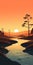 Tranquil Creek: Minimalistic Sunset Riverscape Wallpaper