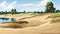 Tranquil desert scene sand dunes meeting lush oasis lake in a serene landscape concept