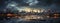 A tranquil dusk setting over a bustling riverfront cityscape, as viewed from a wooden pier.