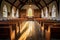 Tranquil easter sunday church interior with radiant light through stained glass windows