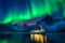 The tranquil fjord becomes a captivating setting as the vibrant colors of the Aurora borealis illuminate the night sky