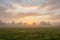 Tranquil foggy grassland at sunrise