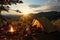 Tranquil forest camping. crackling campfire and cozy tent beneath majestic towering trees