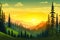 Tranquil Forest Fir Trees, Majestic Mountains, and Sunset Scenery.